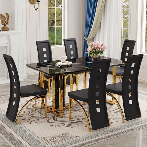 MEMUY 63" Dining Table Set for 6,Faux Marble Dining Room