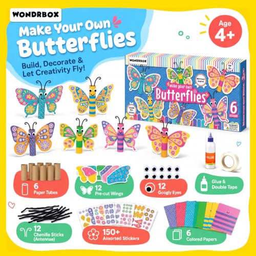 Image of WONDRBOX Butterfly Making Craft Kit for Kids | DIY Arts and Crafts Kit for Girls & Boys Ages 5-12 Years Old | Includes 6 Butterfly Cutouts & 150+ Colorful Stickers | Creative Educational Learning Toy & Birthday Gift