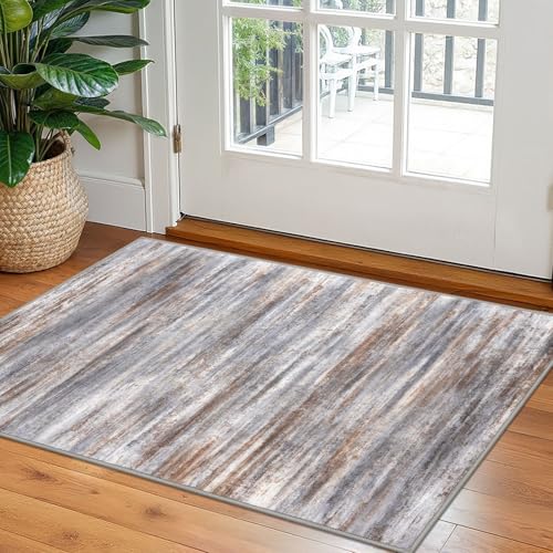 KOZYFLY Modern Abstract Small Area Rugs 2x3, Washable Kitchen Rug Non-Slip Soft Small Bathroom Rug, Grey Brown Striped Entryway Rugs Print Faux Wool Doormat for Bedside Entrance Bedroom Sink