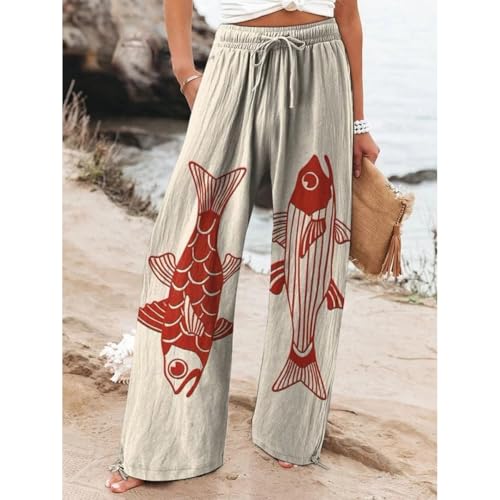 Women's Sardine Graphic Palazzo Pants Elastic Wide Leg High Waisted Vacation Baggy Boho Pants with Pockets2
