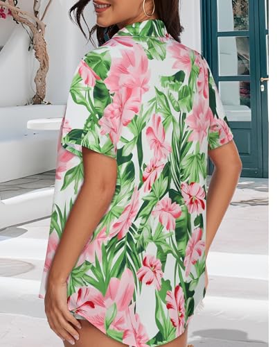 Image of Women Hawaiian Shirt Button Down Summer Tops Beach Short Sleeve Blouse