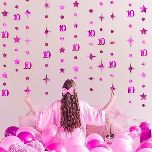 Image of Hot Pink 10th Birthday Decorations Number 10 Circle Dot Twinkle Star Garland Metallic Hanging Streamer Banner Backdrop for Girls Double Digits Ten Year Old Birthday 10th Anniversary Party Supplies