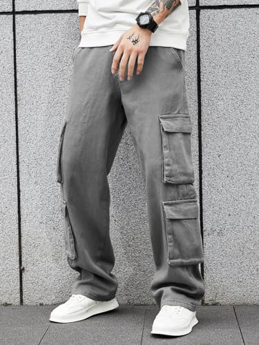 Image of Men's 8 Pocket Cargo Pants | Premium Cotton Twill Baggy Fit Trousers | Stretchable Casual Streetwear Cargos | Mid Rise