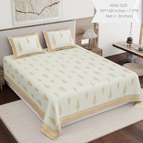 Image of Living Roots Ethnic Jaipur Block Print Double Cotton Bedsheet & 2 Pillow Covers, for Mattress Upto 6 inches Thick, No Colour Bleeding, Golden Yellow Colour, King Size 90 * 108 inches, 120TC (606-A)