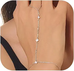 Gold Bracelets for Women 14K Gold Plated Hand Chain Bracelet Dainty Trendy Ring Chain Bracelet Charm Link Adjustable Cubic Zirconia Hand Bracelets Jewelry Gifts for Women