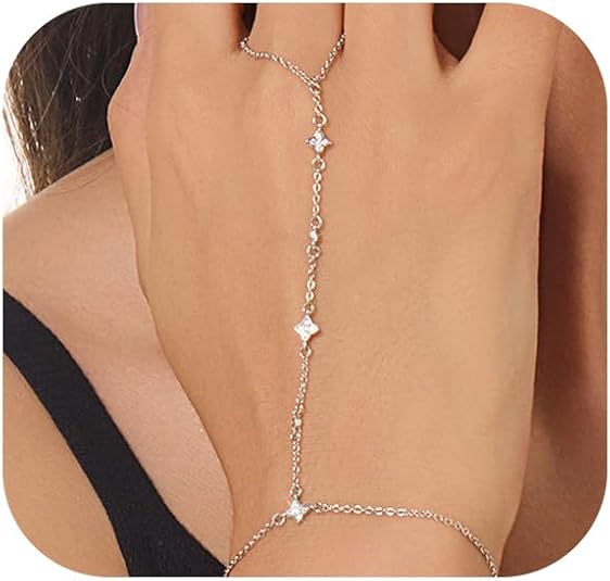 Gold Bracelets for Women 14K Gold Plated Hand Chain Bracelet Dainty Trendy Ring Chain Bracelet Charm Link Adjustable Cubic Zirconia Hand Bracelets Jewelry Gifts for Women