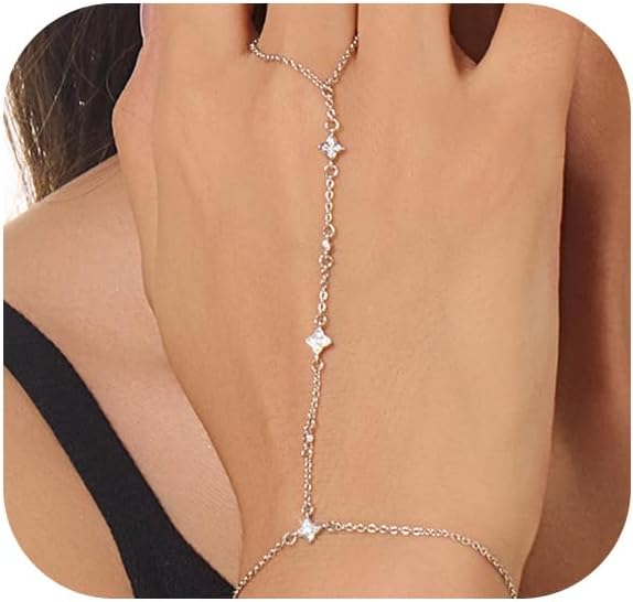 Gold Bracelets for Women 14K Gold Plated Hand Chain Bracelet Dainty Trendy Ring Chain Bracelet Charm Link Adjustable Cubic Zirconia Hand Bracelets Jewelry Gifts for Women