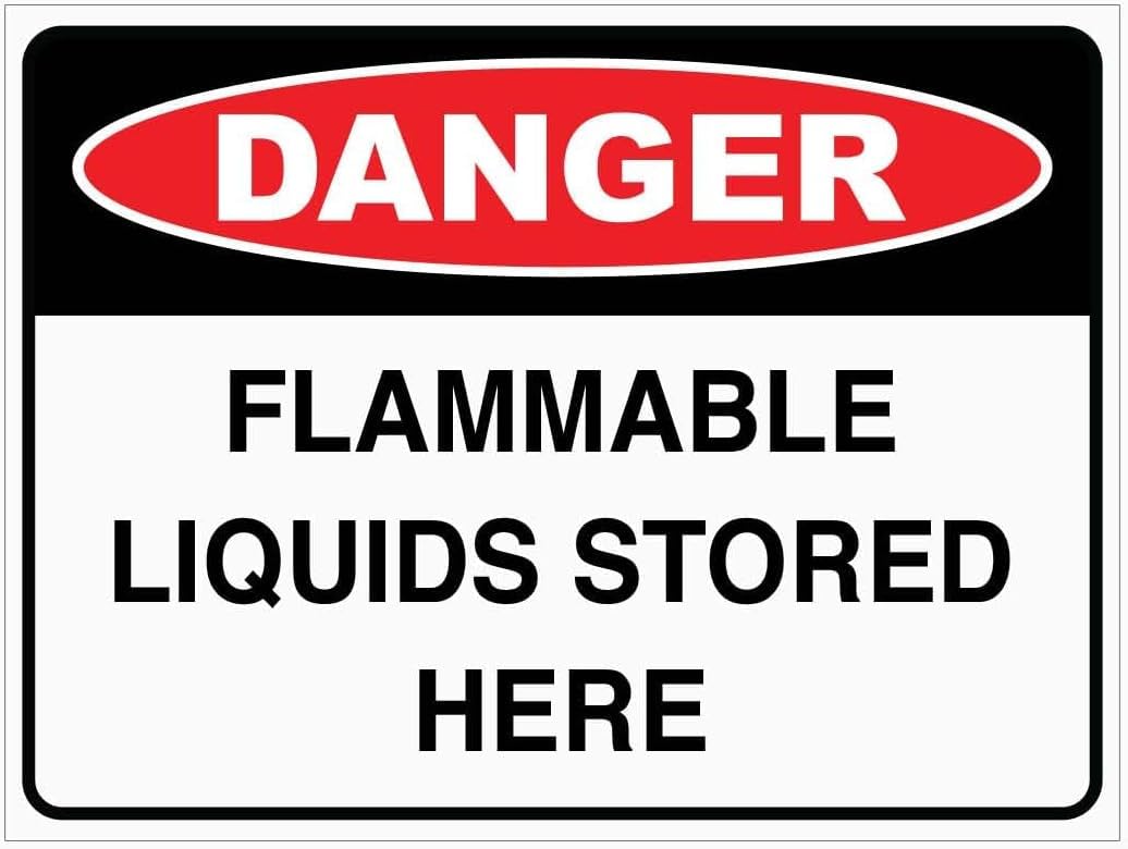 Danger Flammable Liquids Stored Here Rust Free Aluminum Tin Sign - Warning Decor with Pre-Drilled Holes for Indoor-Outdoor Lab, Factory Fuel Storage, Garage - 8x12 Inch​