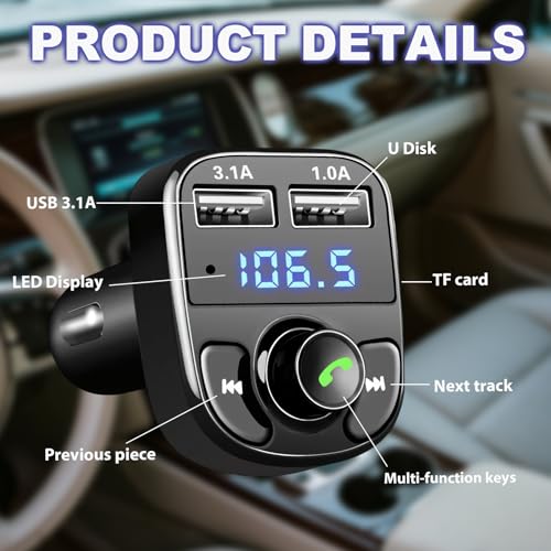 Supecesorio Bluetooth FM Transmitter Auto, Musik Adapter für Auto Radio, 2 USB Ports Zigarettenanzünder Freisprechanlage, MP3 Schnelles Autoladegerät, Unterstützung TF Karte, U-Disk, Umgebungslicht