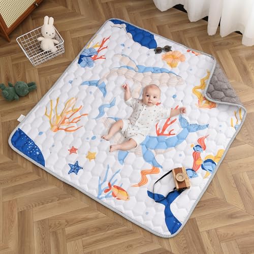 TADO MUSLIN Baby Play Mat 50x50 Inch, Thickened Soft Floor Mat for Playpen, Machine Washable Foam Crawling Mat with Non-Slip Bottom for Babies and Toddlers, Foldable Padded Playmat
