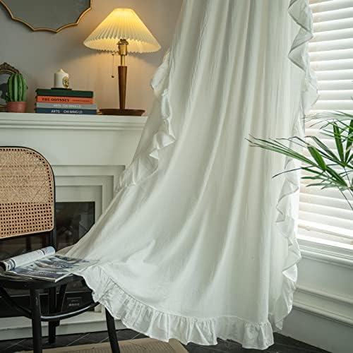 Sutuo Home Boho Curtains 84 Inches Length for Bedroom, Washed Cotton Fabric White Lotus Scalloped Sheer Window Treatment Retro Bohemian Style Drape for Living Room, Rod Pocket 59" W x 84" L, 1 Panel