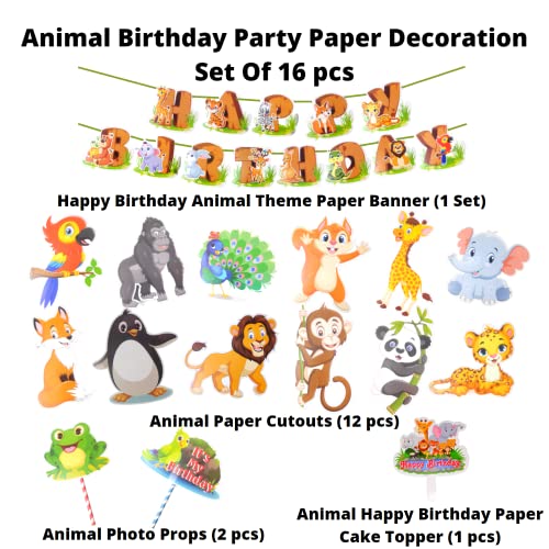 Image of Party Decorz Animal /Jungle /Safari Theme Birthday Paper Decoration Set Of 16pcs(1pcs Happy Birthday Banner +12pcs Animal Paper Cutout +2pcs Props +1pcs Cake Topper)For Kids Animal Theme Birthday Party