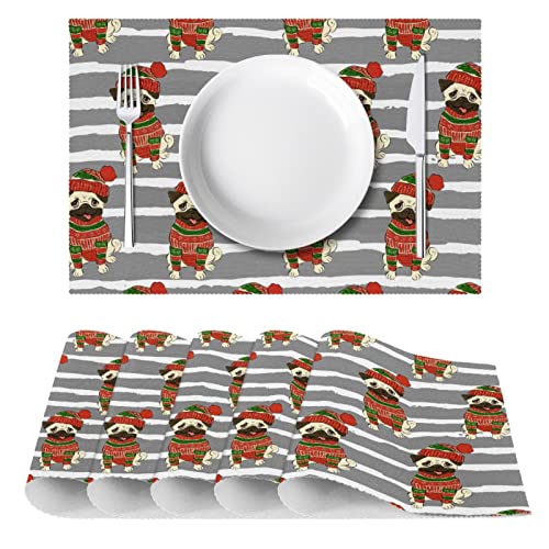 Set de table de Noël chien et rayures lot de 6 lavables pour table de fête