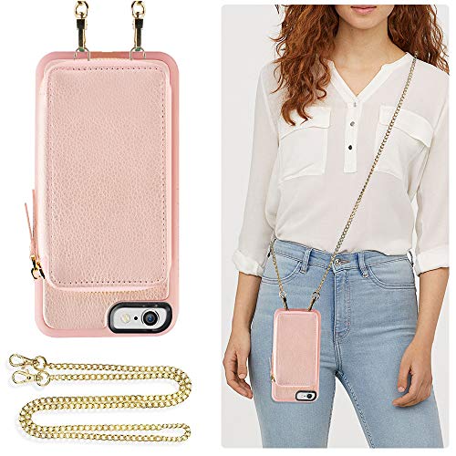 ZVE Wallet Case for Apple iPhone 6s and iPhone 6, 4.7 inch, Leather Wallet Case with Crossbody Chain Credit Card Holder Slot Zipper Pocket Purse Wrist Strap Case for Apple iPhone 6 / 6s - Rose Gold