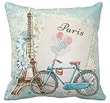 Kissenday 18X18 Inch Popular Romantic Paris Bike Flower Cotton Polyester Decorative Home Decor Sofa Couch Desk Chair Bedroom Car Lovely Sweet Birthday Cool Novelty Gift Square Throw Pillow Case
