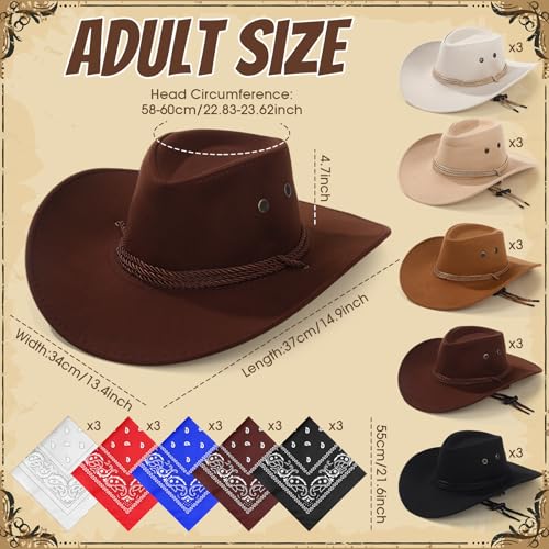 Image of Coume 15 Set Western Cowboy Hat Costume Accessories Paisley Bandanna Cowgirl Hats Bulk for Adult Women Men Dress Party