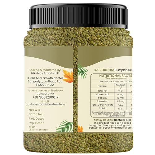 Image of Eatmate Pumpkin Seeds 250g - AAA Grade Seeds for Eating Rich in Protein, Dietary Fibre, Magnesium & Phosphorus, Raw & Unroasted Kaddu Beej, Source of Iron & Zinc, Handpicked Seeds, Resealable Pack