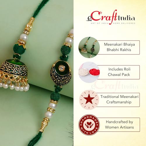 Image of eCraftIndia Multicolor Kundan Designer Rakhis for Brother and Bhabhi | Bhaiya Bhabhi Rakhi Set of 2