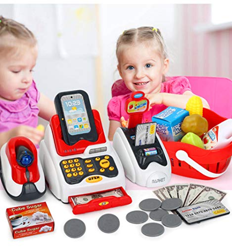 Cash Register Toys for Kids, Toy Grocery Store with Checkout Scanner,Fruit Card Reader, Credit Card Machine, Play Food & Money Set, Educational Toys for Boys & Girls, Gifts for Toddlers Preschoolers