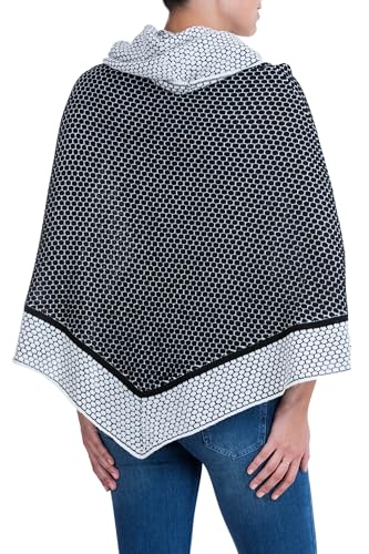 NOVICA Artisan Handmade 100% Alpaca Poncho Black White Patterned with Cowl Neck Wool Clothing Grey Peru Geometric Bohemian ' Honeycomb Matrix'2