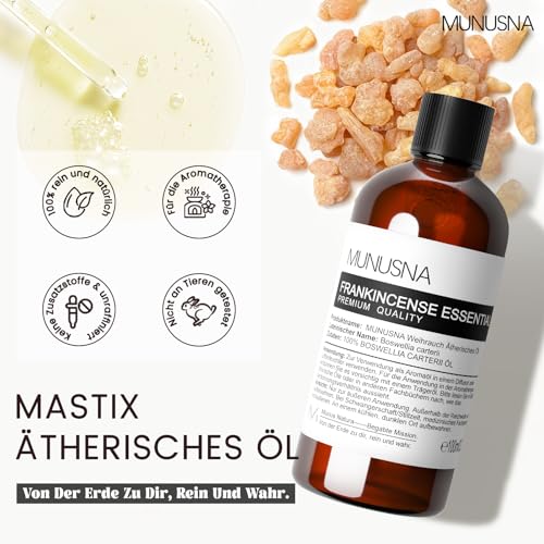 Weihrauchöl Ätherisches Öl 100ML, MUNUSNA Ätherische Öle Weihrauch Rein Naturrein für Bessere Erholung, Reparieren und Beruhigen, Duftöl Weihrauch Öl für Aroma Diffuser, Frankincense Oil
