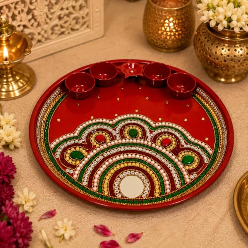Image of Trendifly Decorative Metal Pooja Thali Set with 5 Diya Holder | Kundan Stone Mirror Work Puja Aarti Thali Set for Home Mandir Temple Room | Home Ceremony Pooja Wedding Baby Shower Return Gifts Items
