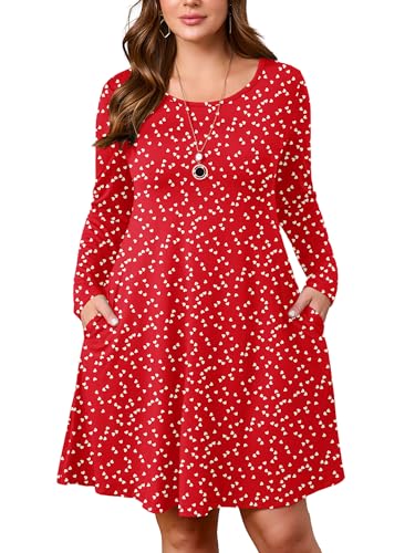 Image of AusLook Women's Plus Midi Dress Long Sleeve Crew Neck A-Line Swing Flowy Vacation Fall Wedding Guest Dresses with Pocket 1-5X