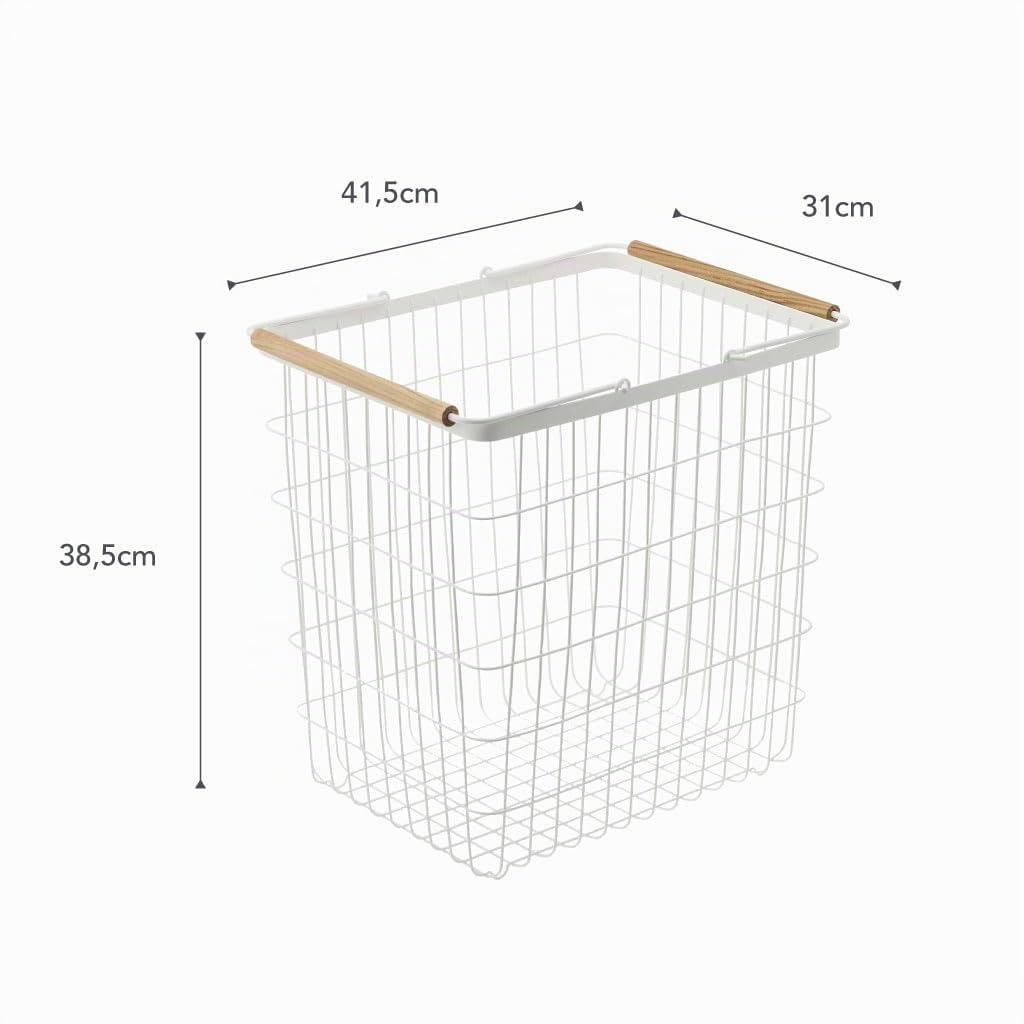 Yamazaki 2810 TOSCA Cesto para la ropa sucia grande, blanco, Acero/Madera, minimalista, 41.5 x 31 x 38.5 cm