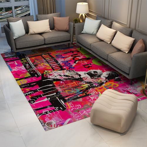 Tapis résistant aux taches rose graffiti 80x150 salon doux antidérapant