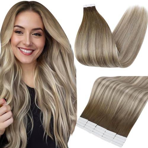 Full Shine Tape in Human Hair Extensions 20 Pieces 50 Gram Balayage Human Hair Tape in Extensions Color 3 Brown Roots Fading to 6 and 22 Highlighted Blonde Tape in Hair Extensions Human Hair 14 Inch