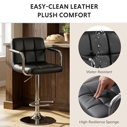 Image of HealSmart Bar Stools Set of 2, Adjustable Swivel Bar Chairs with Cushioned Armrests & Ergonomic Backrest, Water-Resistant PU Leather for Kitchen Island Counter Pub Dining Room, Black