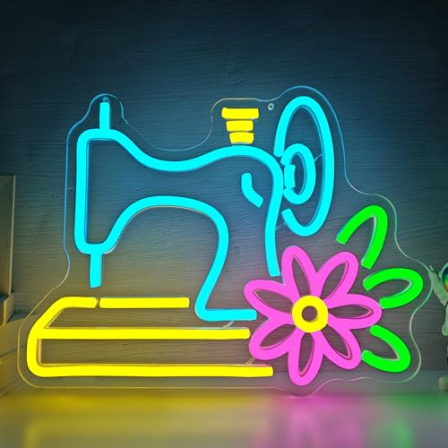 Sewing Machine Neon Sign Tailor Shop LED Sign for Wall Decor Dimmable Sewing Room Neon Light for Bedroom Shop Floral Led Sign for Girl's Room Tailor Store Gift for Mother's Day
