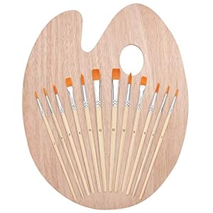 Kurtzy Set Pinceau Peinture et Palette en Bois (12 Pinceaux) Palette de Peintre Ovale – Peinture Acrylique, Huile et Aquarelle – pour Toile, Céramique, Argile, Bois et Modèles