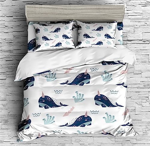 Earendel Cartoon Lovely Narwhal Bedding Kids Duvet Cover Set Sea Unicorn Narwhal Bed Sets 3/4 PCS Quilt Covers/Sheets/Pillowcases,Twin/Full/Queen/King Size (1,Twin-172x218cm-4PCS)