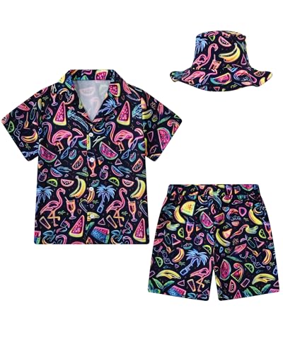 ZOEREA Boys Hawaiian Outfit 3Pcs Kids Summer Beach Clothes Set Luau Tropical Shirt Top +Shorts + Hat for Children (Navy Blue - Fruit 7-8 Years)