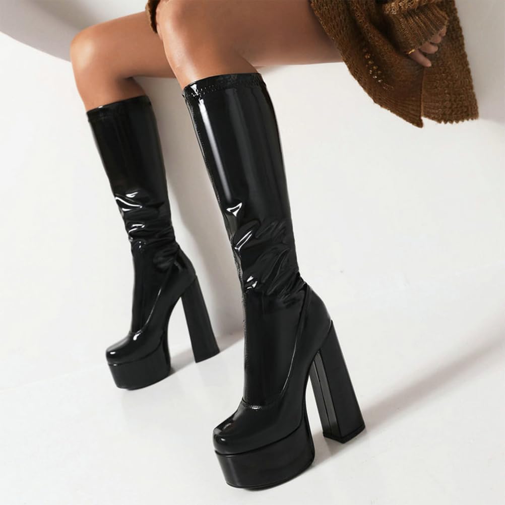 Bottes Longues pour Femmes Jusqu'au Genou, Talons Épais De 14 Cm, Plateforme, Cuir Verni Extensible, Bottes Hautes pour Soirées Et Usage Quotidien
