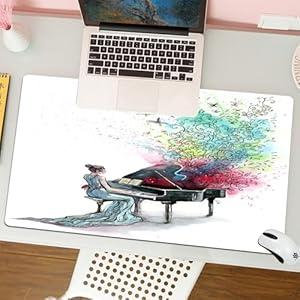 QRFASFZO Großer Mauspad - 80x30cm Gaming-Mauspad mit genähten Kanten, Nicht rutschender Unterlage, ine Frau im Kleid spielt Klavier, farbenfrohe Aufgänge im Aquarellstil, s, chreibtischmatte und Maus