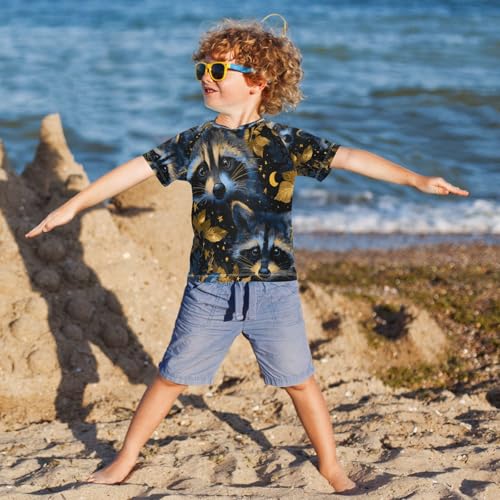 Boys Short Sleeve T-Shirts Raccoon Leaves Animal Rashguard Kids Swim Shirts Sun UPF 50+4