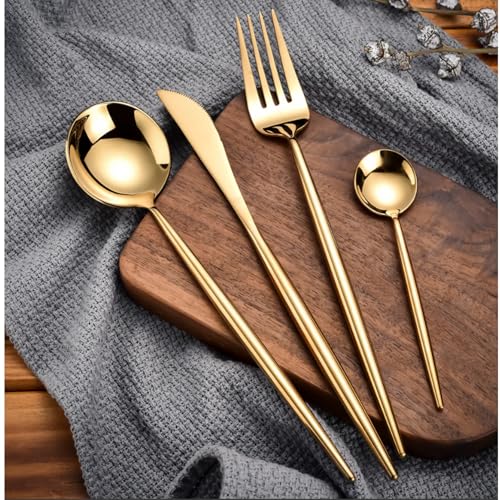 Image of Slim Handle Gold 8 Pcs Stainless Steel Cutlery Set for Dining Table, Dishwasher Safe Glossy Flatware (2 Spoon Set+2 Forks Set+2 Butter Knife+2 Dessert Spoon)