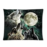 Fierce Animal Three Wolf Dreamy Fantacy Blurred Galaxy Moon Background Personalized Custom Soft Pillow Case Cover 20X26 (One Side)