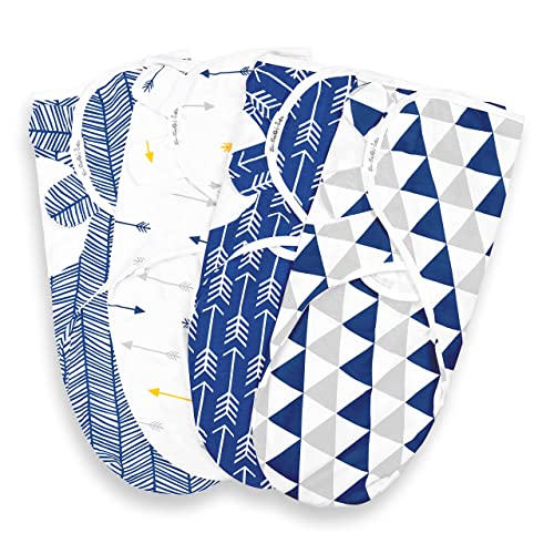 Image of BaeBae Goods Swaddle Blanket, Adjustable Infant Baby Swaddling Wrap Set of 4, Baby Swaddling Wrap Blankets for Boys and Girls Made in Soft Cotton (Navy/Grey Triangles, 0-3 Months)