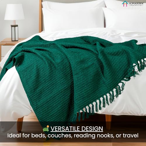 Image of HOMADORN Waffle Weave Cotton Throw Blanket - Lightweight, Breathable & Cozy for Sofa or Bed (100% Cotton)(50X60 Inches) Bottle Green