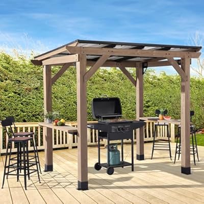 8x6 FT Wood Grill Gazebos, BBQ Wooden Gazebo with Hardtop Sloping Steel Roof, Wood Outdoor Gazebo Pavilion with 2 Side Storage Shelves,Cedar Frame Patio Gazebo for Barbecue, Garden, Deck (Grey)