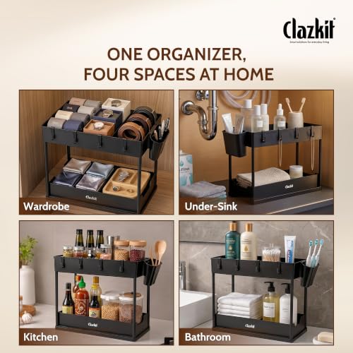Image of Clazkit 2-Tier Under Sink Organizer for Kitchen & Bathroom | Pull-Out Cabinet Storage Rack with Hooks & Hanging Cup | Multi-Purpose Organizer for Cleaning Supplies, Toiletries & Accessories | Black