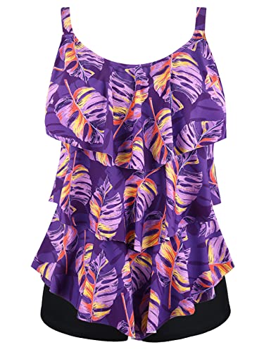 Septangle Womens Tankini Swimsuits Two Piece Tummy Control Bathing Suits Flounce Swimwear Modest Slimming Tops with Boyshorts Retro Swimdress, Purple, US 12