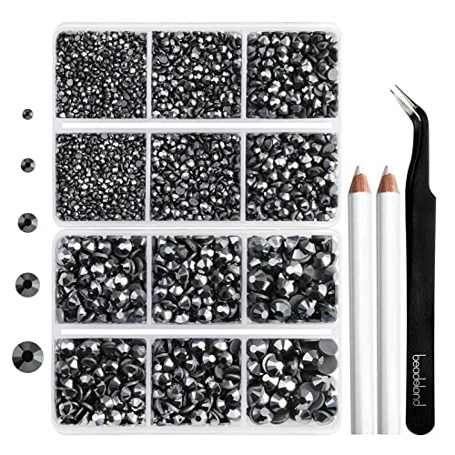 Image of 6736pcs Hotfix Rhinestones Flatback,Jet Hematite Rhinestones for Crafts Clothes Mixed 5 Sizes, Hotfix Crystals with Tweezers and Wax Pencil Kit, SS6-SS30, Jet Hematite