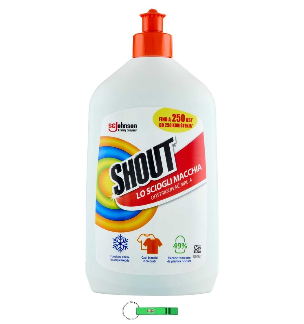 Shout - Quitamanchas líquido para ropa (8 unidades, elimina las manchas difíciles, ideal antes de lavar en la lavadora, 500 ml, incluye llavero Beni Culinari gratuito)
