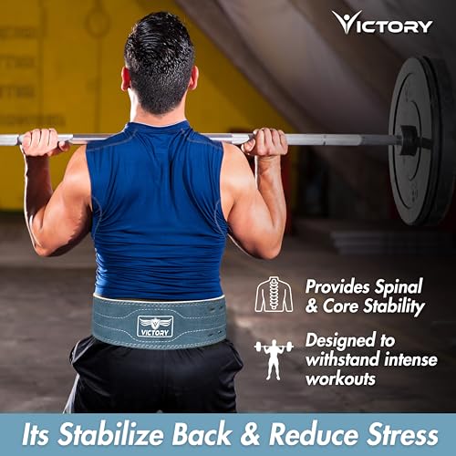 Image of VICTORY Weight Lifting Belt, Genuine Leather Weight Lifting Belt 4 inch inch Durable Comfortable Lower Back Support for Men Women | Body Fitness Gym Back Support Weightlifting Belt (Grey, L)
