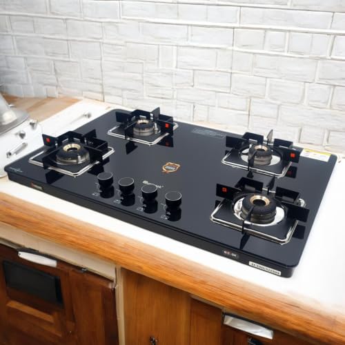 Image of Unicook Hobtop 4 Burner Gas Stove | ISI Certified | Manual Ignition | 8mm Toughened Glass | Forged Brass Burners | 3 Years Warranty on Glass & Burners + 2 Years Manufacturer Warranty