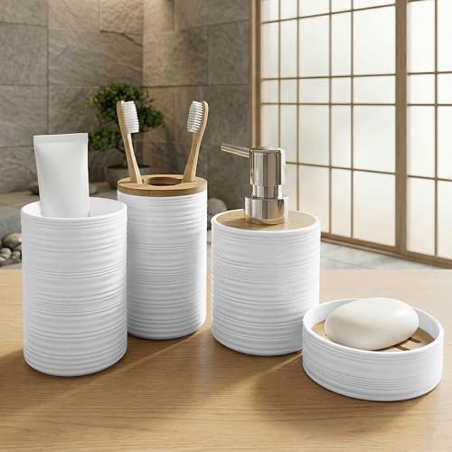 Image of Story@Home 4 Pieces Bathroom Accessories Set | Toothbrush Holder, Soap Dispenser, Mouth Wash Cup & Soap Dish for Home Kitchen & Bathroom | Bathroom Essentials for Office - Ash White